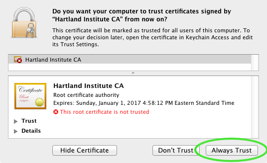 Security Certificate Install Screen Shot